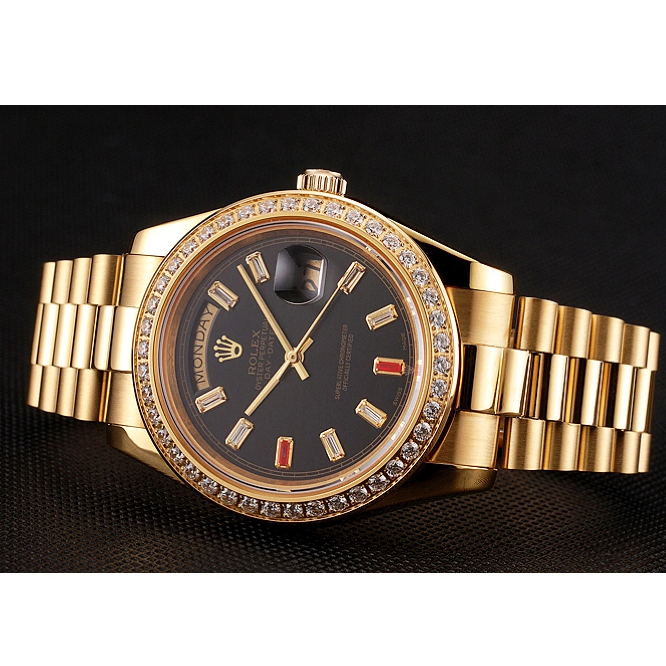 Aaa fake watches Dial Gold Rolex Bracelet Rubies Diamonds Black 1454101 Day-Date And Swiss 0624